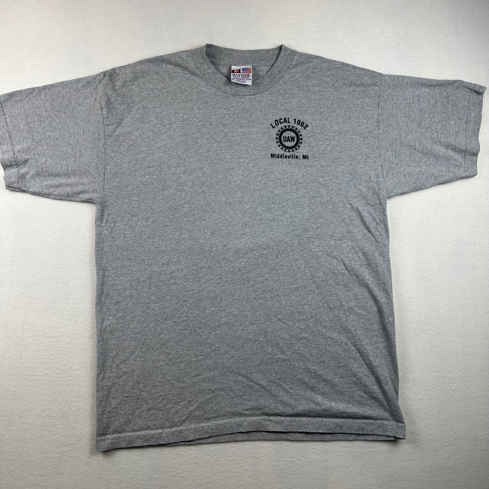 Bayside T Shirt Mens XL Gray UAW Local 1002 Union Pride Middleville MI USA Made